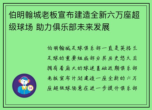 伯明翰城老板宣布建造全新六万座超级球场 助力俱乐部未来发展 伯明翰城老板宣布建造全新六万座超级球场 助力俱乐部未来发展