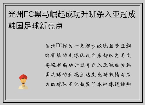 光州FC黑马崛起成功升班杀入亚冠成韩国足球新亮点